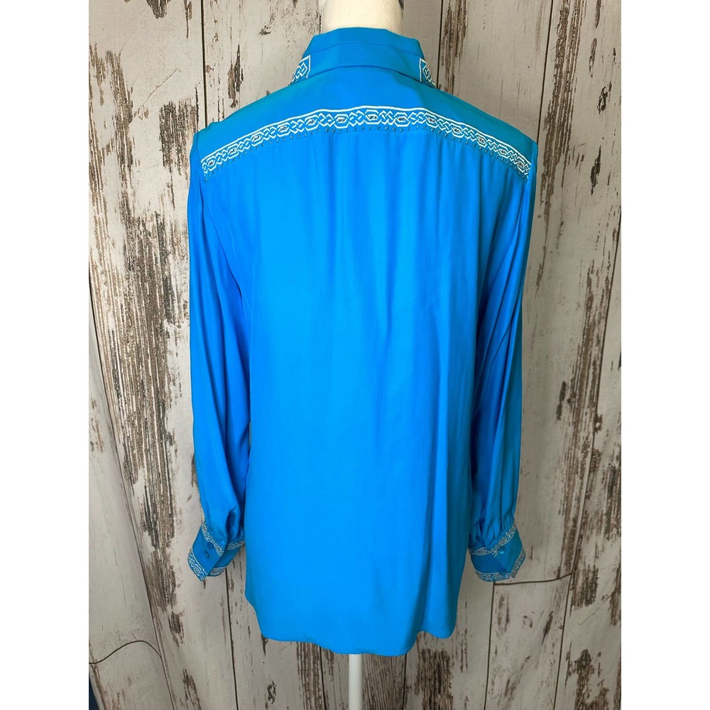Blue Ice teal silk white embroidered beaded long sleeve blouse - Picture 4 of 5